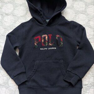 Polo Ralph Lauren Kids Boys Plaid Logo Fleece Hoodie Navy Blue 7